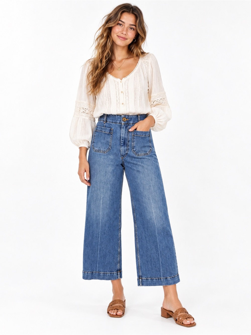 Pilcro The Skipper Jeans 27 Blue Cropped Wide Leg Patch Pocket Denim